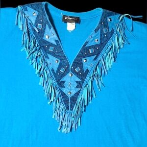 Blue Western Top Leather Fringe Denim Studded Single Stitch USA Blue Vtg One Sz